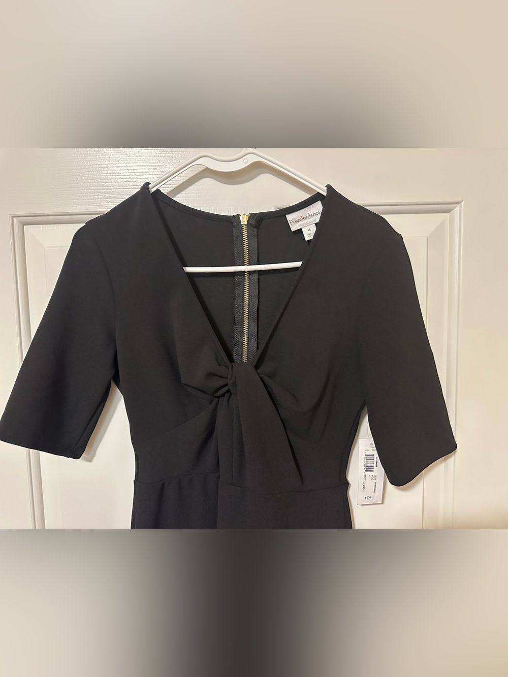 Premier Amour Black 3/4 Sleeve Dress Gold Zipper Dress Size 4 NWT - Picture 2 of 13